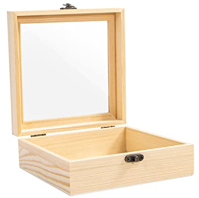 Useekoo Boîte de présentation en bois brut avec couvercle à charnière en verre, petite boîte de rangement en bois pour objets de collection, bijoux, cadeaux et décorations d'intérieur, 18 x 18 x 7 cm