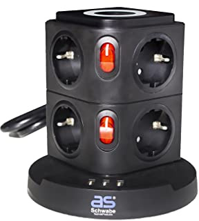 as - Schwabe 8-Fach Mehrfachsteckdose & Induktionsladefläche | 2 m Kabel - Steckdosenwürfel mit 3 USB-Ports - Cube Steckdose - Steckdosenturm, schwarz, 18221