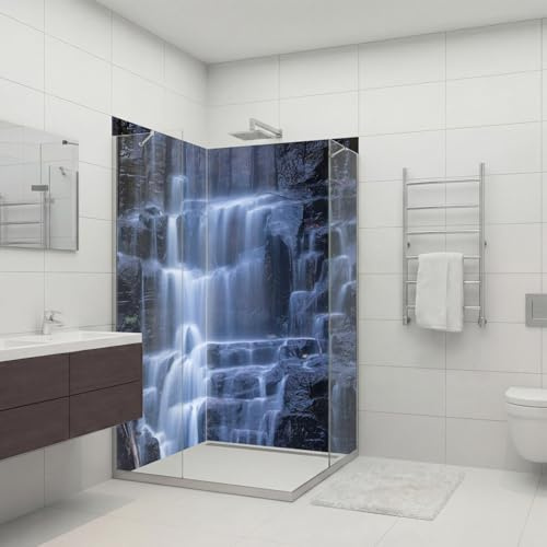 dedeco Eck-Duschrückwand wasserfest Motiv: Wasserfall V17, 2 x 100x210 cm, als Badrückwand zum Fliesenersatz, als Dekorwand, Wandverkleidung und Duschplatte aus Aluminium - Made in Germany