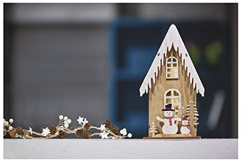 EMOS Leuchtendes Holzhaus mit Schneemännern, 3 LEDs warmweißes Licht, Weihnachtsdekoration, IP20 Innenbereich, 10000h Lebensdauer, 6/18 h Timer, 0,2 Watt, 16 x 11,5 x 28,5 cm