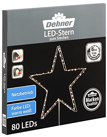 Dehner LED-Stern zum Stecken, Indoor/Outdoor inkl. Timer, 80 warmweiße LED, Ø 52, Metall, Silber