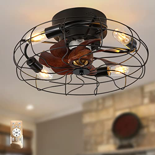 KNVSS Ventilatore da Soffitto Nero con Luce Silenzioso Lampadario con Ventilatore Vintage Reversibile 6 velocità Plafoniera con Ventilatore Industrial per Cucina Camera da Letto-C