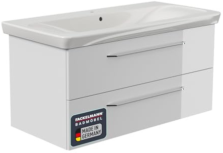 FACKELMANN Milano Badmöbel Set 2 Teile – Waschtisch mit Unterschrank fürs Badezimmer – Waschbeckenunterschrank mit Schubladen in Weiß – Badschrank hängend – 100 cm breit