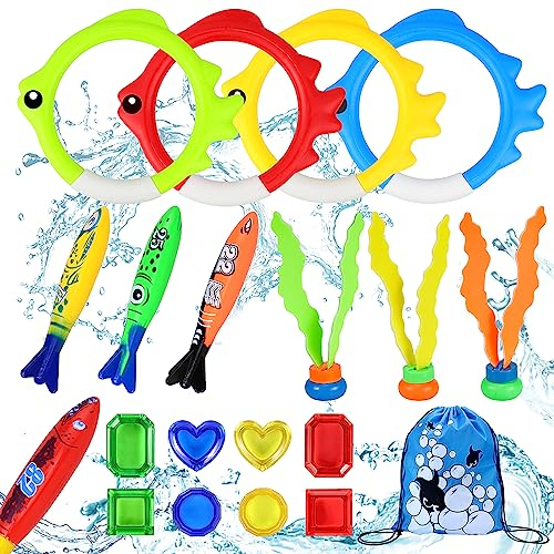Yotako 20 Stück Tauchspielzeug für Kinder, Schwimmbad Tauchspielzeug Set: 4 Tauchringe in Fischform, 4 tauchtorpedos, 3 Algenspielzeug, 8 Edelsteine und 1 Aufbewahrungstasche mit Kordelzug