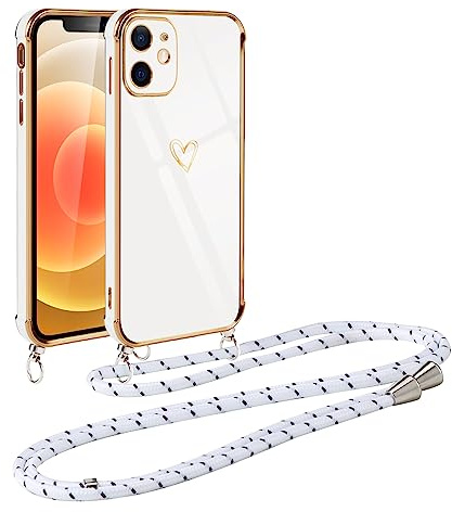 Vauki handyband für iPhone 12 Mini Hülle mit Band, Handyhülle mit Kette, Herz Motiv, Ultra Dünn Stoßfeste Aesthetic Case mit Kordel zum Umhängen für iPhone 12 Mini 5.4 Zoll, Weiß