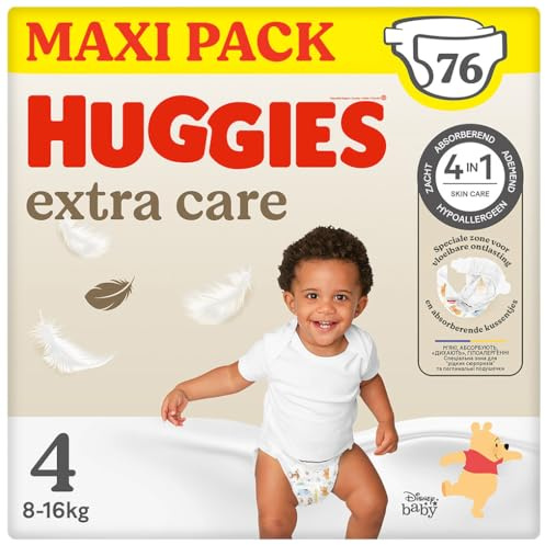 Huggies Extra Care Pañal para bebé con diseños Disney Talla 4 (8-14 kg), 2 packs x 38 pañales, 76 pañales con almohadillas extra suaves que cuida de la piel del bebé