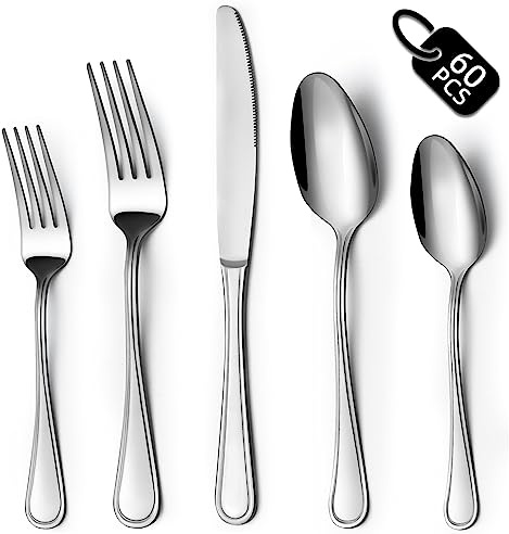 BEWOS 60-Piece Stainless Steel Silverware Set, 12-Piece Place Setting, Forks, Spoons, Knives, Mirror Polished, Dishwasher Safe, Ideal for Home or Restaurant
