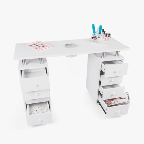 Tavolo manicure bianco con aspiratore unghie cassettiera e ruote Squoval