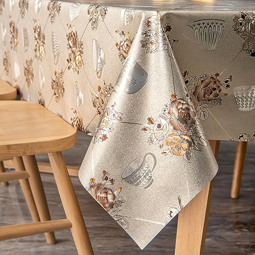FAVE Heavy Duty Vinyl Tablecloths with Peony Waterproof Oil-Proof PVC Table Cloth Stain-Resistant Wipeable Table cloths for Wedding, Banquet, Birthday, Party, Restaurant Decorations (Gold, 55X78 Inch)