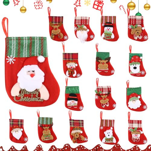 FAOKZE 16 Stück Mini Weihnachtsstrumpf, Nikolaussocke zum Aufhängen, Nikolausstiefel Befüllen, Kamin Christmas Stockings, Christmasbaumschmuck (Weihnachtsmann, Schneemann, Rentier, Bär) (wan-16)
