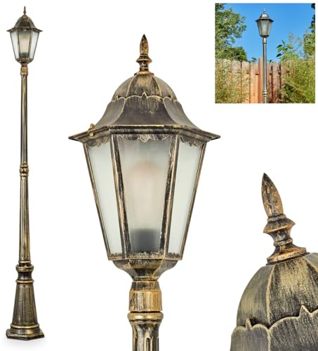 HOFSTEIN Außenstehleuchte Hongkong, Außenwegeleuchte aus Metall/Milchglas in Schwarz-Gold, Wechselscheiben Klar, Wegeleuchte im Landhaus/Antik/Vintage-Design, Garten, Außenbereich, 206 cm, E27, IP44