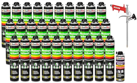 Isolbau Bauschaum-Set - Inkl. 30 x 1K Montageschaum B2 Pistolenschaum mit hervorragender Schall und Wärmedämmung (je 750 ml), 1 x PU-Schaum-Reiniger (500 ml) & 1 x Schaumpistole, Verfüllen