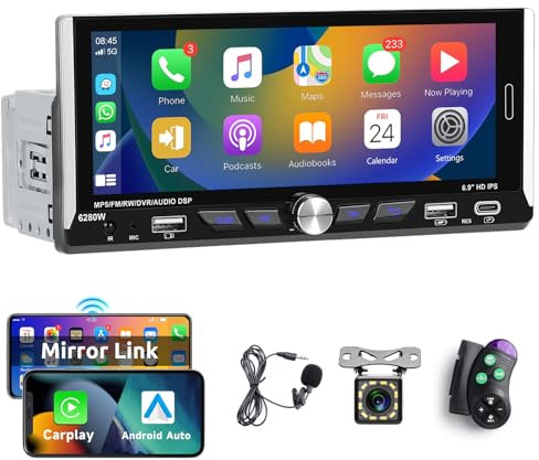 Hodozzy Single Din Car Stereo Wireless CarPlay Android Auto, 6.9 Inch HD Touch Screen 1 Din Car Radio with Bluetooth, Mirror Link, EQ, FM, SWC, Support USB/AUX/TYPE-C, Media Player with Camera