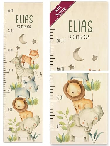 Kind Holz - Tiere - Messlatte Wildtiere I Löwe I Elefant I Zebra I Nashorn I Tiger I Zootiere Kindermesslatte - 0-60 cm - Holz - kinder 160 tier safari kinderzimmer größenmesser größen