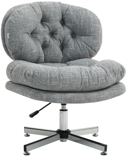 HOMCOM Bürostuhl ohne Armlehnen Höhenverstellbarer Drehstuhl Grau | Schreibtischstuhl mit Breiter Sitzfläche, Ergonomisch, mit Leinenoptik, Schneidersitz-Stuhl für Homeoffice