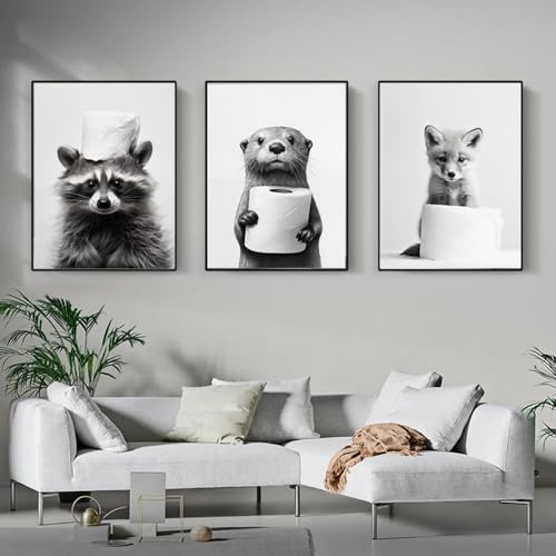 3 Bilder Badezimmer Tiere Lustige Poster Toilette Schwarz Weiß Waschbär Otter Fuchs Witzige Klo Deko Wand Gästebad Gäste WC Modern Leinwand 30x40 ohne Rahmen
