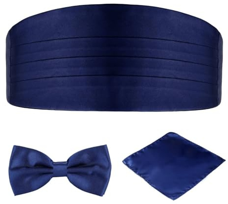 L&L Adult Pre-Tied Bowtie Adjustable Cummerbund and handkerchief Pocket Square 3 pcs Set Satin Plain Solid (navy)