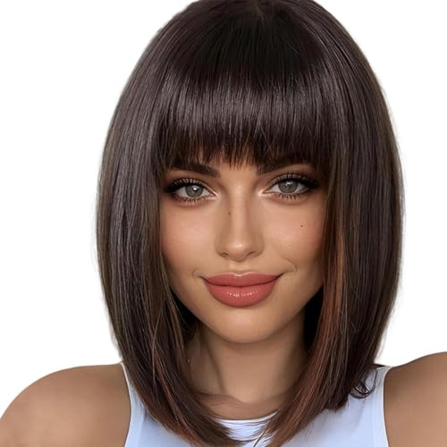 Peluca de corte Bob,Peluca Bob sintética - Peluca corta recta con flequillo,Pelucas Bob cortas de aspecto natural de pelo sintético resistente al calor para mujeres