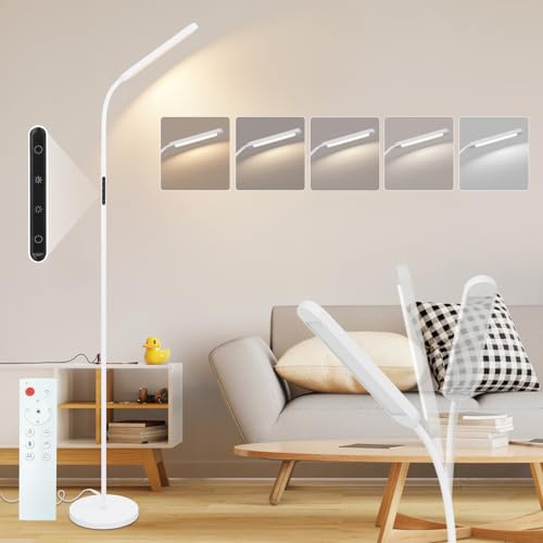 Homefire LED Stehlampe Dimmbar Standleuchte - Standleuchte 11W Weiß | 3000K-6500K 5 Farbtemperaturen 5 Helligkeiten Drehbar Leselampe Touch Control 1H Timer Bodenlampe Wohnzimmer Kinderzimmer