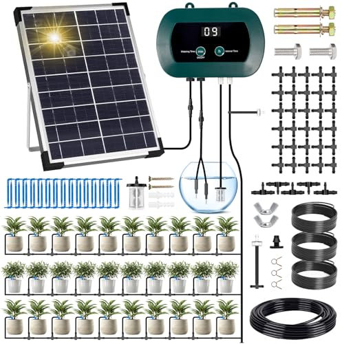 ZQEJEFD Irrigazione Automatica Energia Solare, Sistema Automatico di Irrigazione del Giardino con Timer e Tubo Lungo 35M, Set di Irrigazione a Goccia per Piante in Vaso in Soggiorno, Patio, Balcone