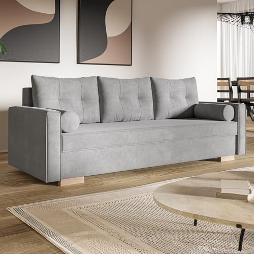MOTIVENA Viena Sofagarnituren, 3 Sitzer Sofa mit Bettfunktion, Schlafsofa 215 cm Breit, Klappsofa mit Schlaffunktion, Bettsofa mit Schlaffunktion, Taschenfederkern (H3), Samt Sofa Grau (Hellgrau)