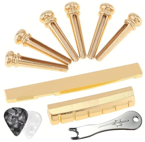 GATSUZG 6 Stück Gitarrensteg Pins Zinklegierung vergoldet Akustikgitarre Brücke Pins Set Ersatz Zubehör für 6-saitige Akustikgitarren, mit Sattel, Mutter, Gitarre Pins Puller, Guitar Pick