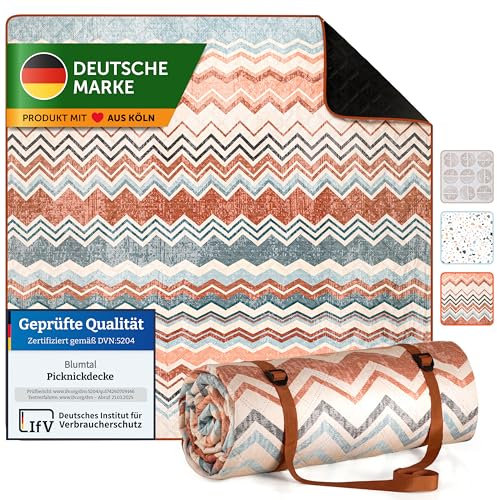 Blumtal Premium Picknickdecke wasserabweisend 200x200 cm Boho & Terrazzo Design - waschbare Stranddecke gepolstert + weiche Zwischenfüllung - Outdoor Decke aus Oxford-Gewebe - Decke Boho Zickzack