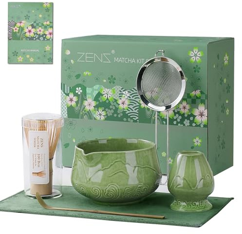 ZENS Matcha-Set mit Matcha Besen Set grün für Matcha-Liebhaber, 6 Stück | Keramik Matcha Tea-set mit Schale, Besen & halter, Bambusschaufel und Pulversieb & Teetuch für Matcha Geschenk