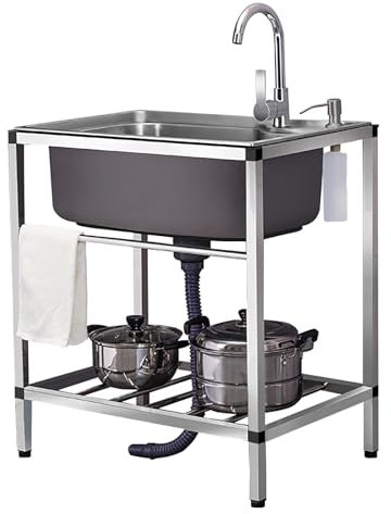 Spültisch Freistehend, Edelstahl Spültisch Mit Wasserhahn, Einzelne Schale Becken Waschbecken, Mit Warm Kaltwasserhahn, Für Wäscherei Hinterhof Garage(60 * 45cm/23.6 * 17.7in)