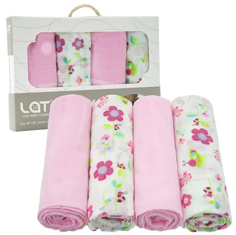 LAT Lot de 4 Lange Bébé en Mousseline de Coton, 70x80cm, Carrés de Mousseline Doux et Respirant Multi-Usage Serviette en Mousseline pour Bébé Nouveauné (Fleur+Rose)