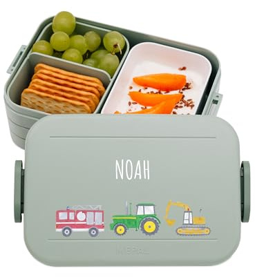 wunderwunsch MEPAL Brotdose Spülmaschinenfest Kinder, Lunchbox mit Einsatz für perfekte Ordnung, Spülmaschine, Mikrowellengeeignet, personalisiert mit niedlichem Motiv (Fahrzeuge, grün)