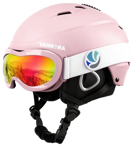 VANRORA Kids Ski Helmet and Goggles Set - Safety-Certified Youth Snowboard Helmet, Climate Control Vents, Snow Sport Helmets for Toddler (Sakura Pink Helmet/Grey Lens with Revo Red Coating, X-Small)