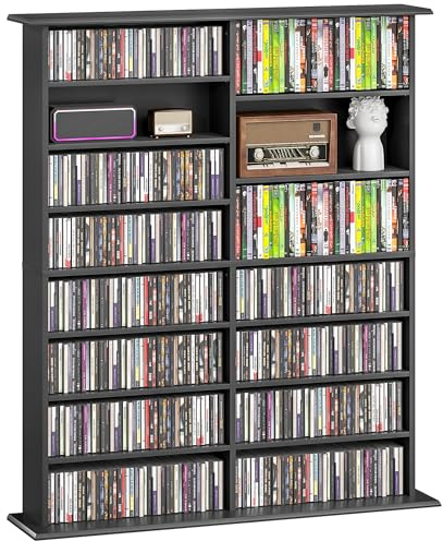 HOMCOM - Almacenamiento para CD y DVD, mueble de almacenamiento multimedia, capacidad máx. 720 CD/396 DVD y Blu-Ray, 16 compartimentos y 12 estantes ajustables, para sala de estar, dormitorio, 106,5 x