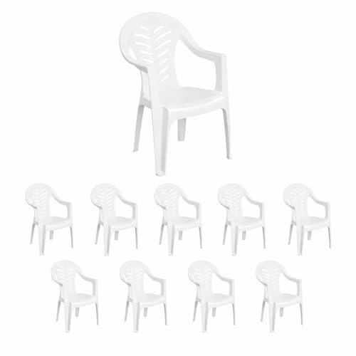 Solycarpa Pack 10 Sillas Jardín para Exterior de Plástico Apilable Blanca con Reposabrazos | para Jardín, Terraza, Playa y Camping | Silla Ergonómica de PVC, Cómoda y Resistente