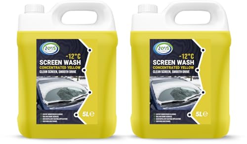 JOVS Yellow Car Screenwash 2x 5L – Concentrated Screen Wash for Cars Works to -12°C – Car Windscreen Washer Fluid with Rain Repellent, Prevents Freezing and Clears Dirt for Safer Driving.