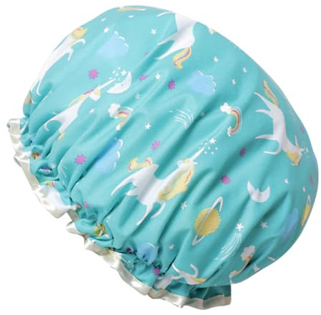 Garneck Cartoon Duschhaube Damen Badehut Doppellagig Ölbeständig Blaues Einhorn zum Duschen Kochen Spa