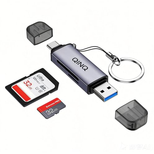 Lecteur de Cartes SD/TF USB 3.0 – Double Connecteur (USB-A + USB-C), Aluminium Gris, avec Anneau, Lecture Simultanée SD & MicroSD Jusqu’à 1 to, 5 Gbps