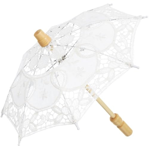 FONDOTIN Weißer Baumwoll Spitzenschirm Hochzeit Regenschirm Fotografie Requisite mit Stickerei Leichter Brautschirm für Hochzeitsfeiern und Festdekoration Kompakt und Tragbar Ergonomischer