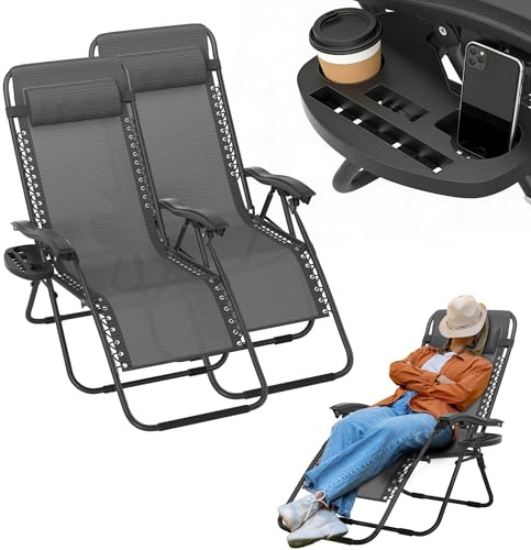 UISEBRT 2er Set Klappbarer Liegestuhl mit Getränkehalter & Kopfkissen,Sonnenliege Gartenliege Extra Breit 64cm,Gartenstuhl Relaxliege mit Verstellbarer Rückenlehne für Outdoor Terrasse,Grau-schwarz