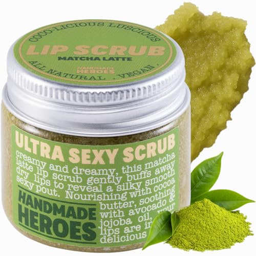 Handmade Heroes Matcha Latte Lip Scrub 1oz 100% Natural Vegan Skin Care Deep Conditioning Lip Scrub for Dry Lips with Jojoba Oil Avocado Oil - Natural Lightening Lip Exfoliator & Lip Plumper