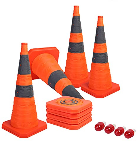 Sunnyglade [4-Pack] 28 inch Collapsible Traffic Cones with LED Light Multi Purpose Pop up Reflective Safety Cone (Orange x4)
