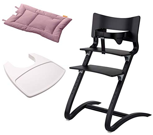 Leander Stuhl schwarz lackiert - Hochstuhl - Kinderstuhl - Erwachsenenstuhl mit Babybügel + Tablett weiß + Kissen dusty rose