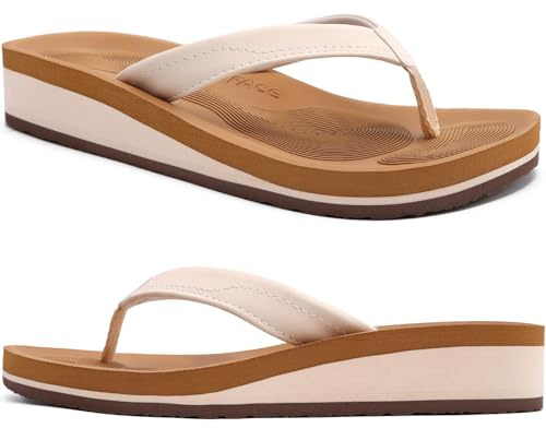 COFACE Flip Flops for Women With Comfortable Arch Support Ladies Fashion Platform Thong Sandals Soft Yoga Mat Sole For Beach/Indoor Outdoor, size 4 Khaki White