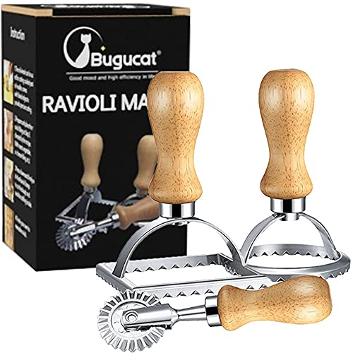 Bugucat Cortadores de Raviolis,Moldes y Rodillo para Cortar Raviolis,Moldeador de Ravioles con Mango de Madera y Borde Acanalado,Molde para Hacer Pasta para Hacer Raviolis,Empanadillas o Galletas