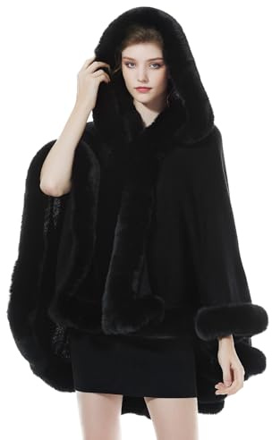 BEAUTELICATE Knit Cape Coat Women Knitted Hooded Cloak Poncho With Fur Collar Faux Fur Shawl Wrap Stole Fashion Oversize Cardigans for Autumn Winter Wedding Bride Bridesmaids(One size, Black)