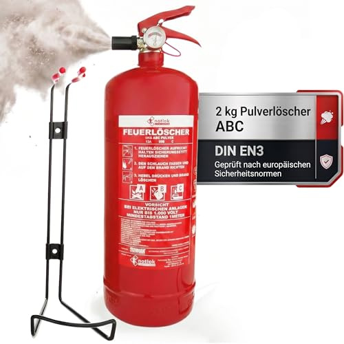 Extintor de polvo 2 kg, polvo extintor ABC, presión continua con manómetro, temperatura de funcionamiento -30 °C +60 °C, presión máxima admisible 17 bar, incluye soporte metálico, acabado de pintura R
