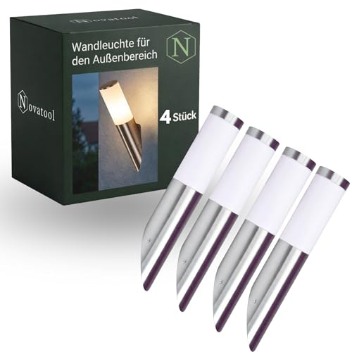Novatool 4x Außenleuchten Edelstahl mit und ohne Bewegungsmelder schräg IP44 E27 Sockel Ø7x8H36 cm Außenlampe für Terasse Aussenleuchten Wandleuchte Aussenbeleuchtung Lampen Außenbereich Außenlicht