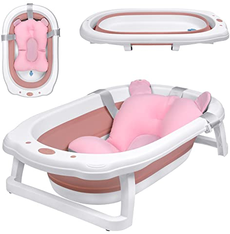 Aufun Baignoire Bébé Pliable Baignoire Bébé Ergonomique avec Pieds Antidérapants pour Bébés et Bébés, Plastique PP et TPE Stable, Baignoire Pliable, Gain de Place (Rose + Oreiller de Bain)