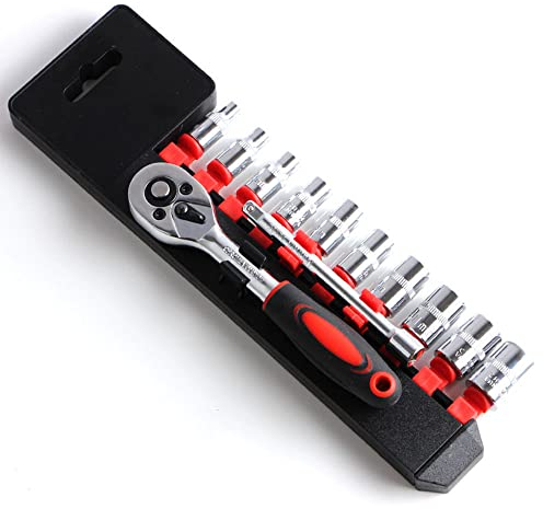 YWHWXB 12 Pieces 1/4” Drive Socket Set with Quick Release Reversible Ratchet Wrench and Extension Bar, Metric SAE Mechanic Tool Kit