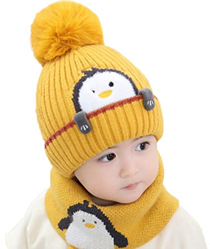 Kindermütze Winter warme niedliche Mütze weiche Strickmütze Warmer Strickschal Cartoon Tierdruck Plüsch Wintermütze Fleece Mütze(Gelb)